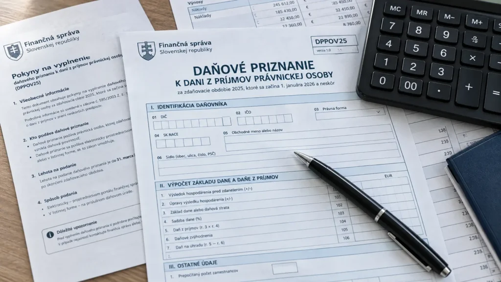Tlačivo daňového priznania k dani z príjmov právnickej osoby s kalkulačkou a perom na stole – webinár o novelách zákona o dani z príjmov v roku 2026